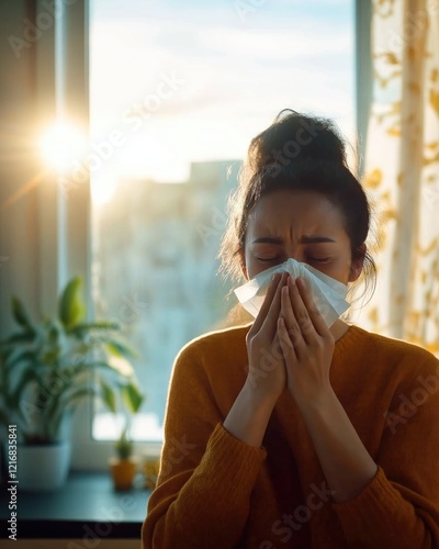 Pollution Allergy Woman Sneezing Tissue at Home on Sunny Day