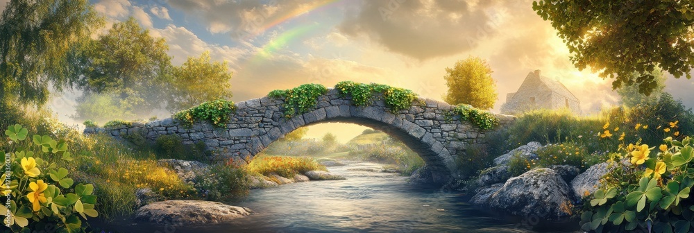 Fototapeta premium Stone bridge over flowing river with lush landscape and rainbow in the sky