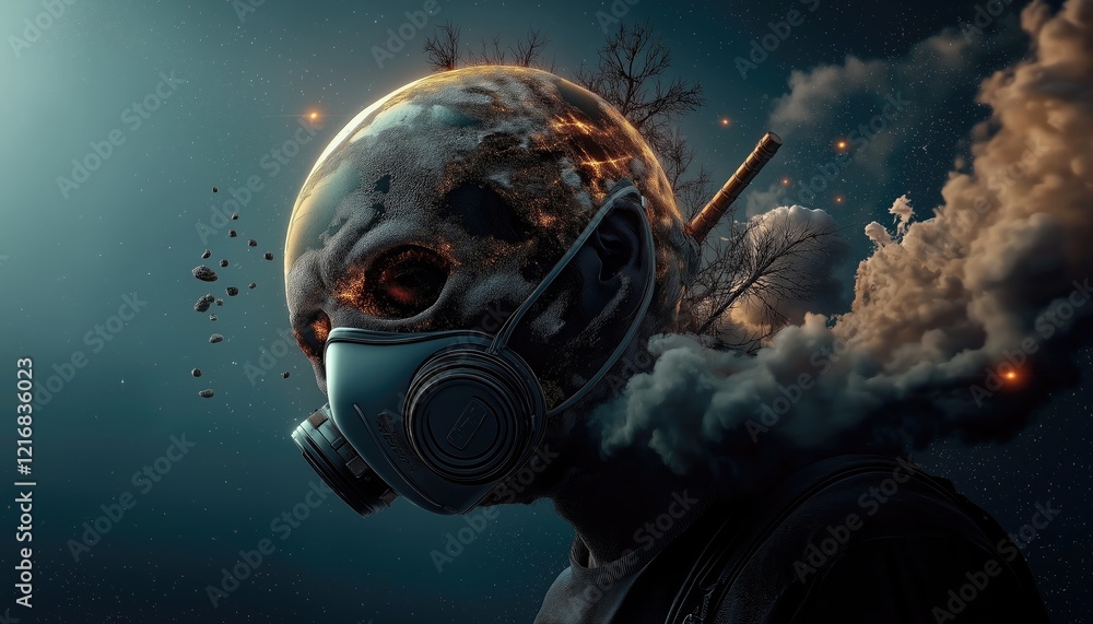 Air Pollution Person Wearing Mask in Smoky Sky with Dying Trees Air Pollution Person Wearing Mask in Smoky Sky with Dying Trees