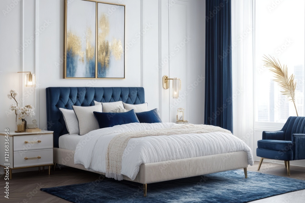 Obraz premium Elegant Blue And Beige Bedroom Interior Design
