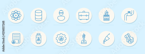 Gas and energy set icon. Atom symbol, barrels, worker, briefcase, stove, pipeline, gas contract, gas filter, flame gear, Bunsen burner. Represent natural gas production, tools, and safety