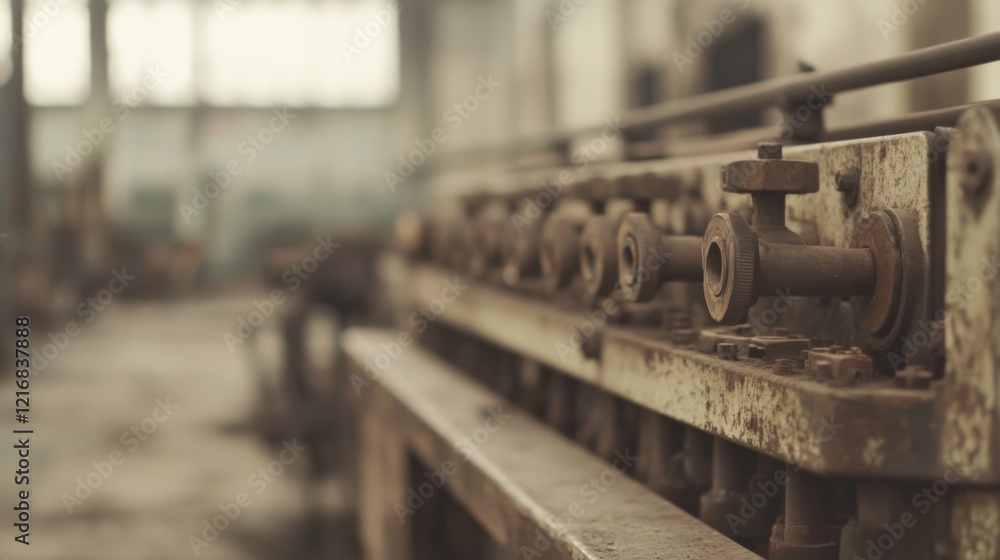 Close-up of an old industrial machine in a dusty, abandoned factory with soft background light Close-up of an old industrial machine in a dusty, abandoned factory with soft background light