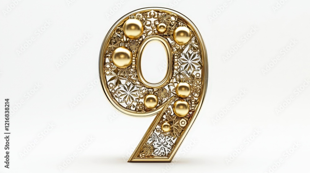 Elegant Gold Number Nine with Decorative Elements and Shine Elegant Gold Number Nine with Decorative Elements and Shine