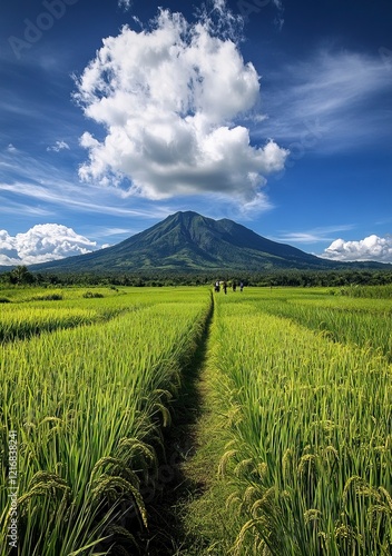 A photo of the grassy peak of Mount Arayat in Kalung, tanjil rÃ«a with blue sky and white clouds. In front is an endless rice field. photo