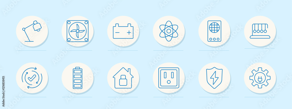 Electricity set icon. Lamp, ventilation, battery, atom, grid, charge cycle, locked house. Represent power systems, secure energy, and technology Electricity set icon. Lamp, ventilation, battery, atom, grid, charge cycle, locked house. Represent power systems, secure energy, and technology