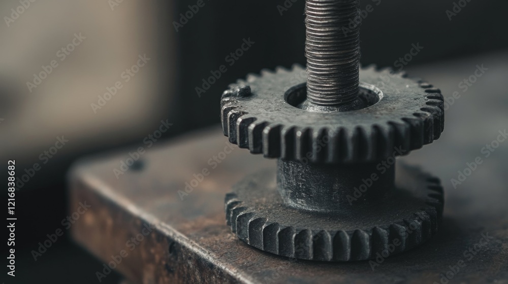 Close-up of interlocking metal gears on a workbench, showcasing intricate machinery details Close-up of interlocking metal gears on a workbench, showcasing intricate machinery details