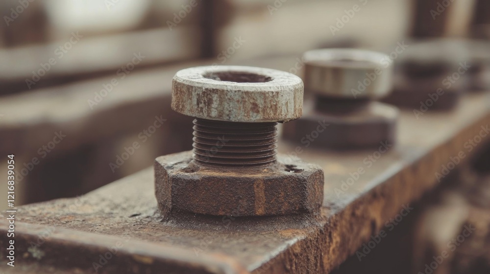 Close-up of rusted bolts and nuts on an industrial metal surface, showcasing wear and tear Close-up of rusted bolts and nuts on an industrial metal surface, showcasing wear and tear