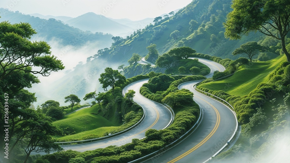 Fototapeta premium Curvy mountain road with greenery, cut out