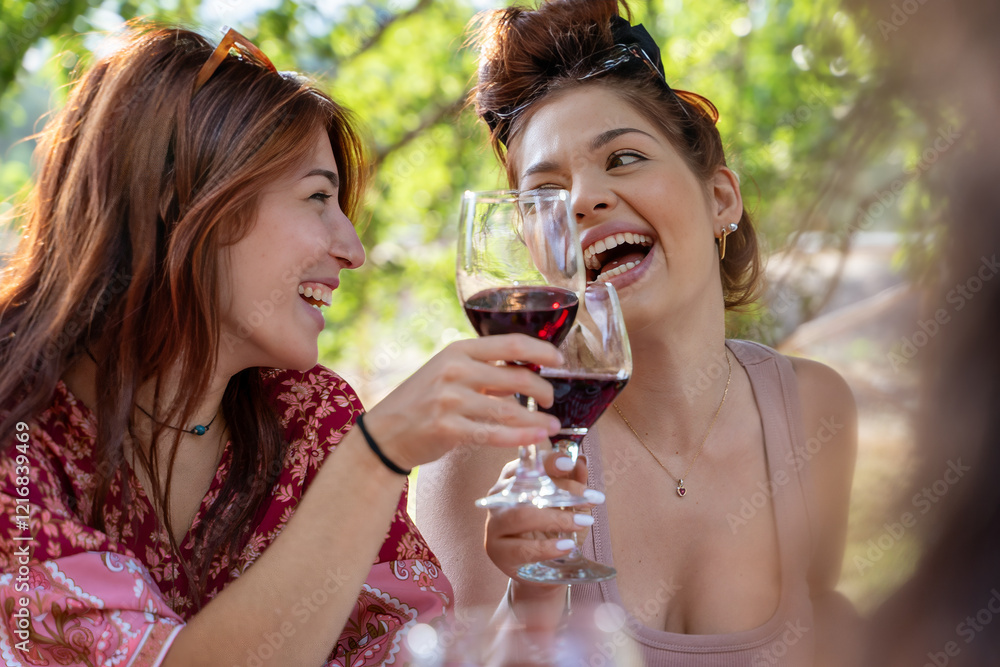 Smiling female friends toasting with red wine at a cheerful outdoor gathering - women laughing together Smiling female friends toasting with red wine at a cheerful outdoor gathering - women laughing together