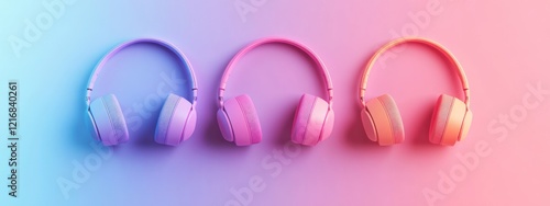 Three pairs of colorful headphones arranged in a gradient background.