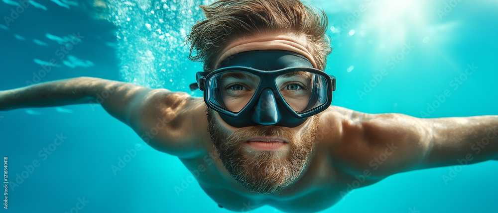 Naklejka premium An elderly woman snorkeling over a coral reef