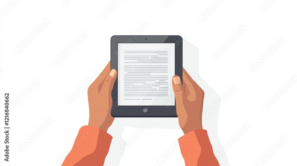 Hands holding a tablet displaying an ebook. Hands holding a tablet displaying an ebook.