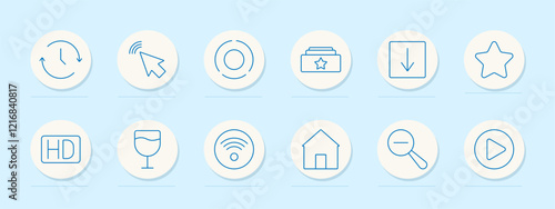 General actions set icon. Clock, arrow, pointer, star, folder, house, play button, search, high definition, wireless. Represent navigation, media, and technology tools