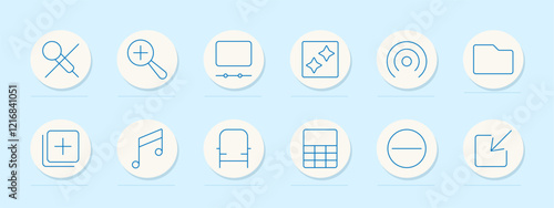 Magnify and tools set icon. Magnifying glass, cross, focus, folder, note, music, pie chart, file, radio waves. Represent searching, organizing, and editing tools