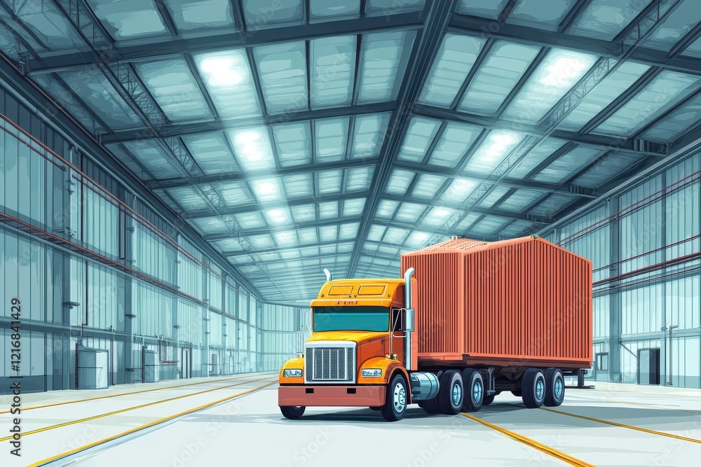 Naklejka premium Bright Orange Truck with Shipping Container in Modern Warehouse Setting Under Large Windows and Industrial Lighting