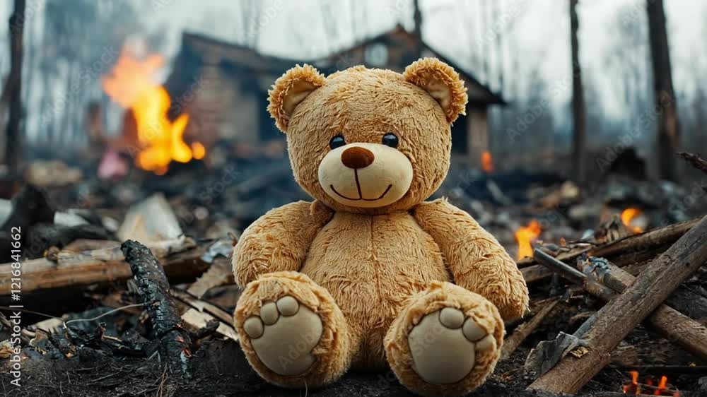 A teddy bear sits amidst charred debris and flames, symbolizing loss and resilience. A teddy bear sits amidst charred debris and flames, symbolizing loss and resilience.