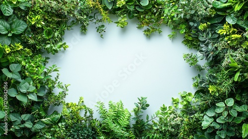 A beautiful arrangement of various lush green plants forming a natural frame against a soft pastel backdrop, symbolizing freshness and tranquility in design. photo