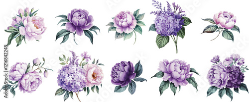 Set of purple watercolor flowers. Vintage watercolor flowers isolated on a white background.