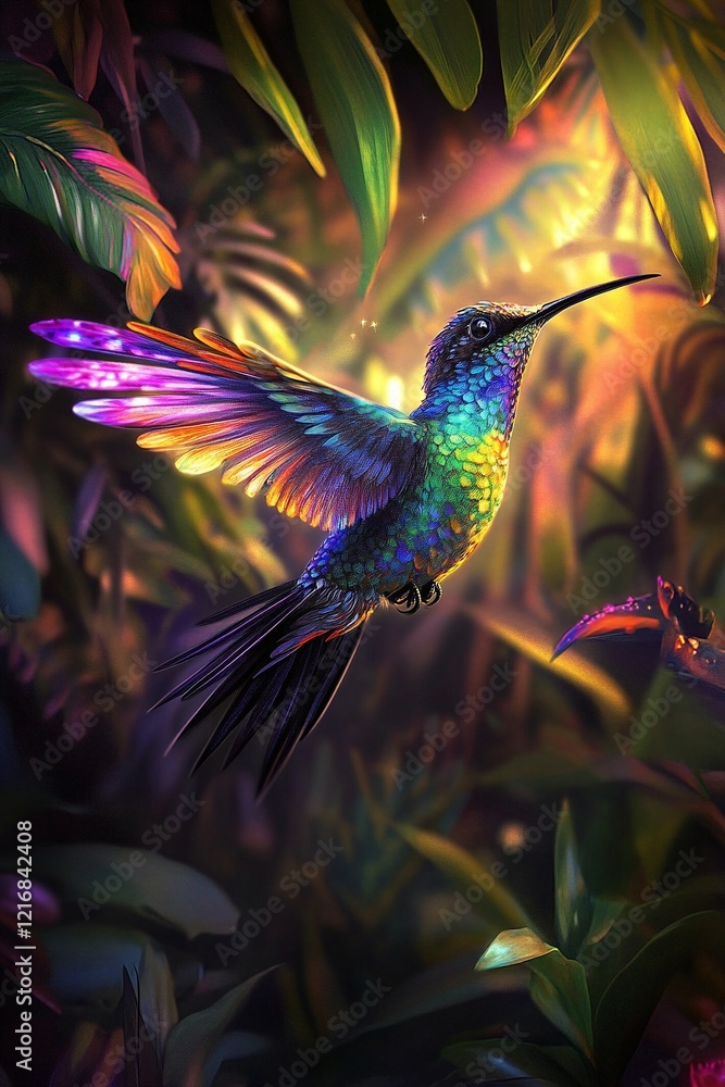 Obraz premium Magical hummingbird in mid-flight with vibrant colors and sparkling wing trails