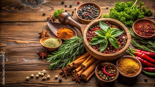 Aromatic herbs and spices arranged artfully in a wooden bowl , food, arrangement,  food, arrangement,herbs
