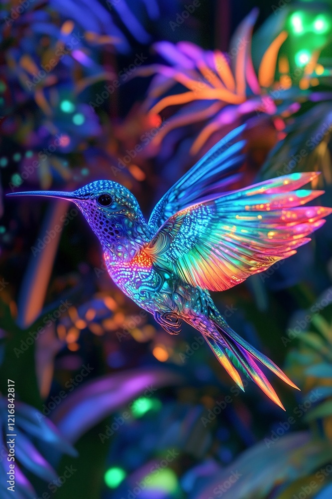 Obraz premium Magical hummingbird in mid-flight with vibrant colors and sparkling wing trails