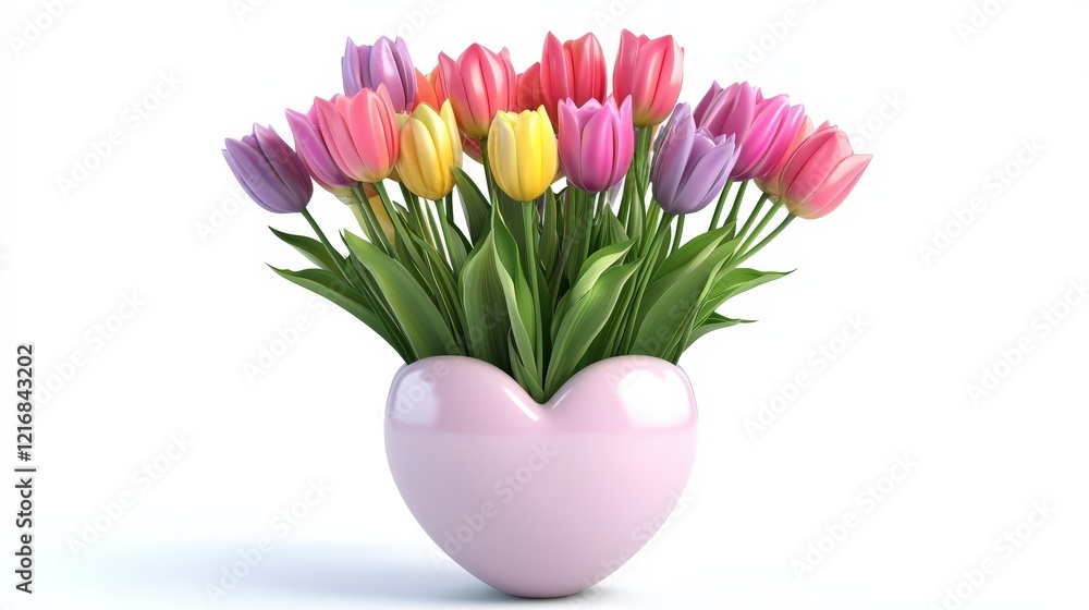 Fototapeta premium Heart-Shaped Vase Filled with Colorful Tulips on White Background