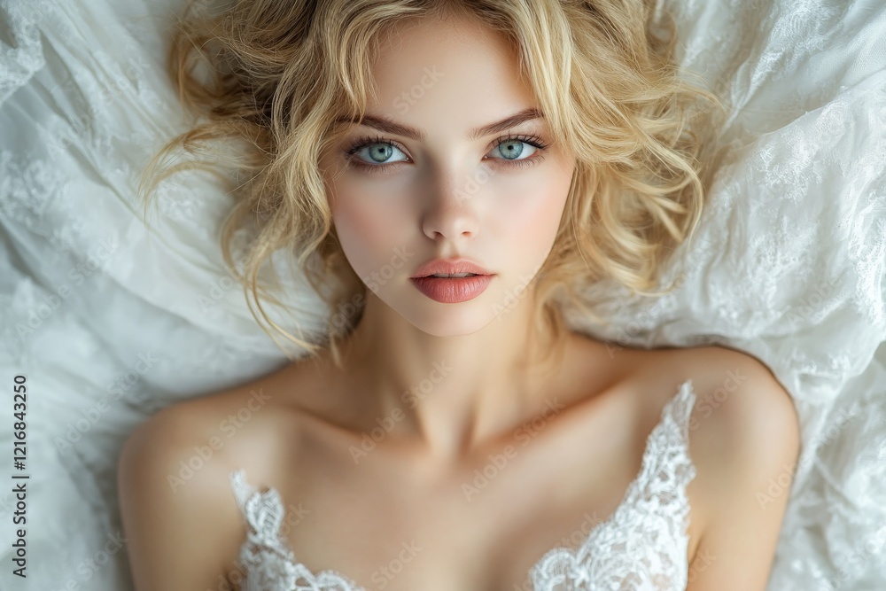 Woman poses elegantly on white fabric with soft, wavy hair and captivating blue eyes in a serene setting Woman poses elegantly on white fabric with soft, wavy hair and captivating blue eyes in a serene setting