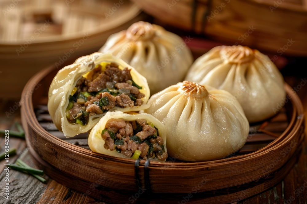 Steamed bao buns filled with pork and vegetables sitting in a bamboo steamer basket