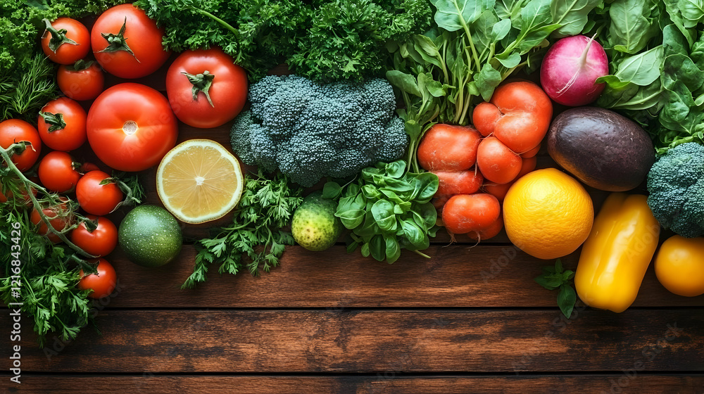 Assortment of Fresh Vegetables and Fruits on Rustic Wooden Table Assortment of Fresh Vegetables and Fruits on Rustic Wooden Table