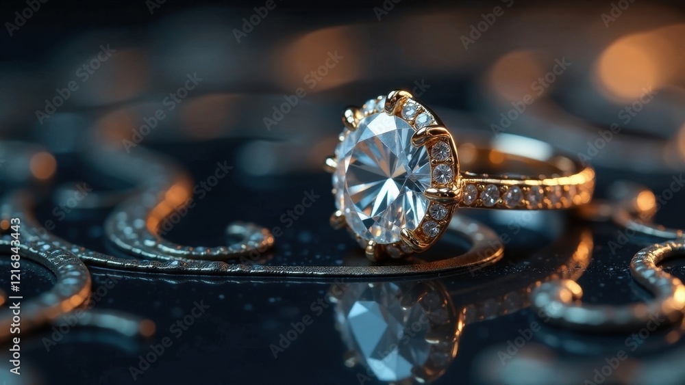 A Sparkling Diamond Ring Rests on an Ornate Surface, Reflecting Light and Luxury A Sparkling Diamond Ring Rests on an Ornate Surface, Reflecting Light and Luxury