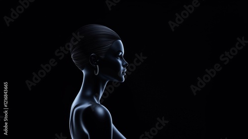 A close-up silhouette of an empty mannequin with navy skin and a black side view