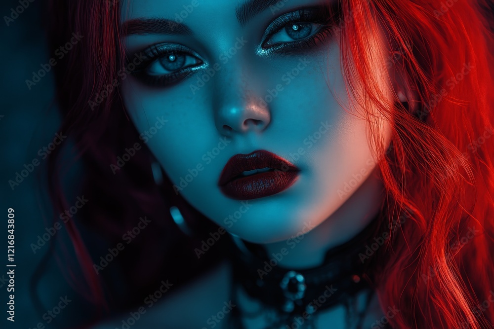 Portrait of a young woman with striking blue and red lighting showcasing dramatic makeup and an intense gaze Portrait of a young woman with striking blue and red lighting showcasing dramatic makeup and an intense gaze