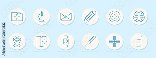 Medical set icon. Health folder, microscope, email, mask, healthcare, location, book, smartwatch, thermometer, cross, test tube