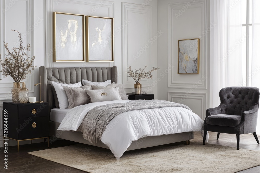 Fototapeta premium Elegant Grey Bedroom Interior Design With Gold Accents