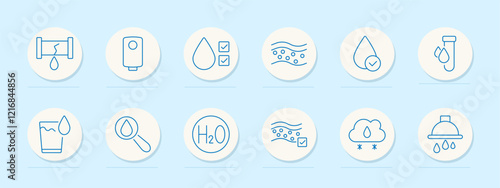 Water quality set icon. Leakage, heater, drop check, contamination, filtration, laboratory, drinking water, research, purification, climate, shower