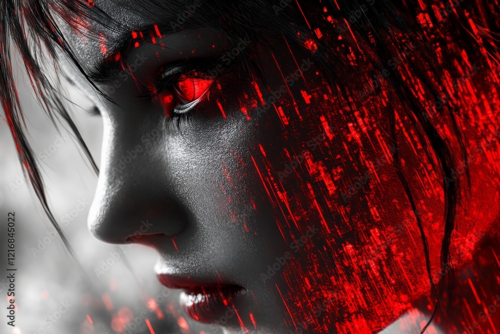 Naklejka premium Close-up of a woman with glowing red eyes in a stylized digital art representation with a dark background