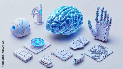 Isometric 3D brain, robot hand, glowing data cloud, minimal circuit board, robotic, and simplified neural network on a clean white background