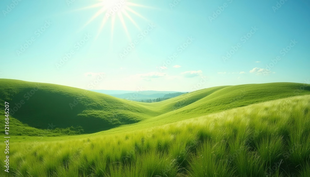 Obraz premium Serene Green Hills: A Sunlit Landscape in Pastoral Style