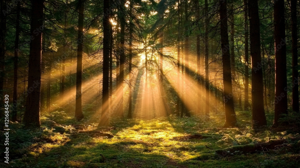 Fototapeta premium Light beams filtering through tall trees in a serene forest landscape