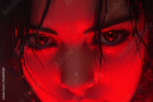 Mysterious figure with striking red light creating an intense atmosphere during an artistic portrait shoot photo