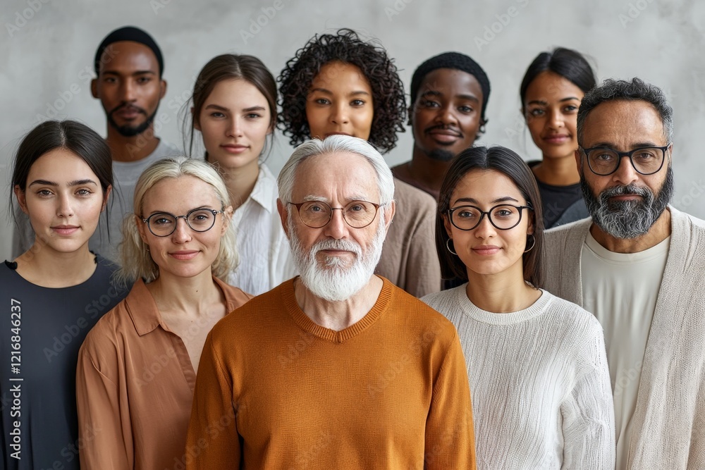 Diverse group of people posing together in a neutral setting, showcasing unique individual styles and expressions Diverse group of people posing together in a neutral setting, showcasing unique individual styles and expressions