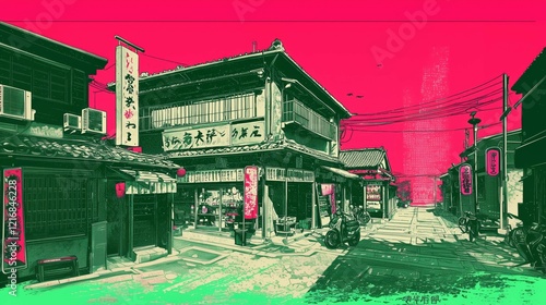 Chinese street, traditional design, unique illustration, vibrant colors, cultural, intricate details, and festive atmosphere