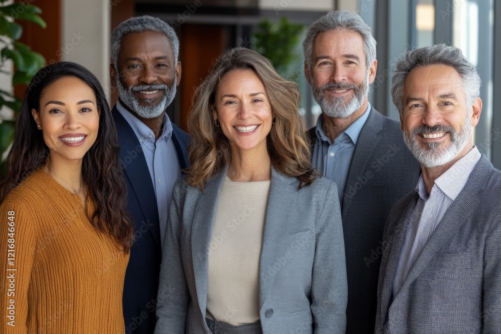 Five professionals smiling together in a modern office setting during daylight hours Five professionals smiling together in a modern office setting during daylight hours