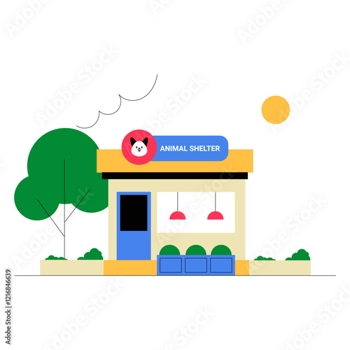Animal Shelter Building With Trees And Sunny Weather In Flat Vector Illustration Symbolizing Pet Rescue, Adoption Center, And Animal Welfare, Isolated On White Background.