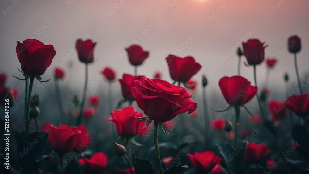 Obraz premium Red Flowers and hearts on a blurred background for Valentine's Day.
