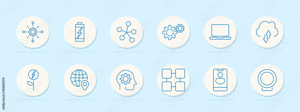 Digital technology set icon. Innovation, battery, networking, gears, laptop, cloud computing, eco energy, global positioning, AI, blockchain, smartphone, webcam Digital technology set icon. Innovation, battery, networking, gears, laptop, cloud computing, eco energy, global positioning, AI, blockchain, smartphone, webcam