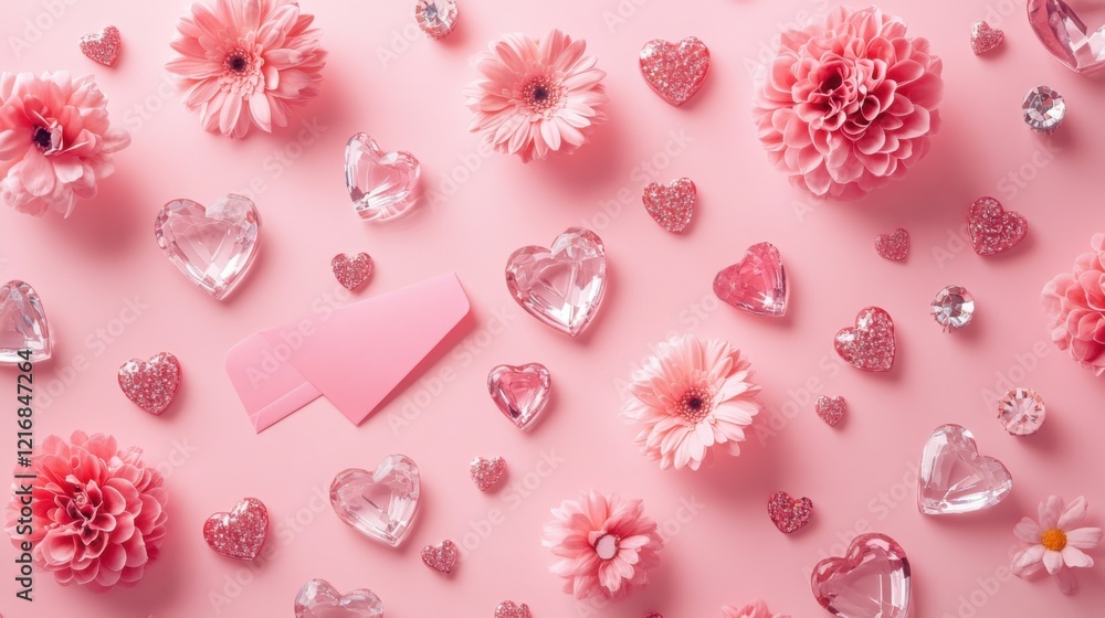 Fototapeta premium A Symphony of Softness: A Harmonious Blend of Pale Pink Roses, Carnations, and Heart-Shaped Accents, Arranged on a Gentle Pink Background, Evoking Feelings of Serenity and Love.