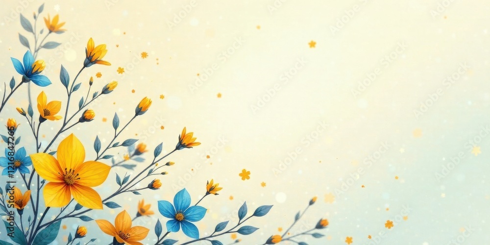A Delicate Arrangement of Blue and Yellow Blossoms on a Soft, Pastel Background A Delicate Arrangement of Blue and Yellow Blossoms on a Soft, Pastel Background