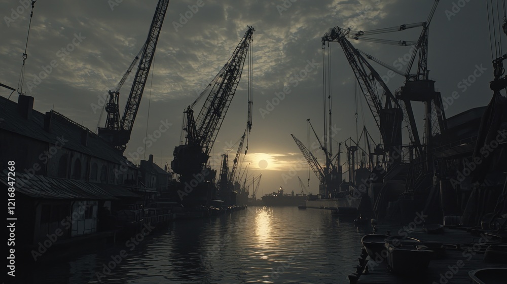 Fototapeta premium Sunset over harbor, industrial cranes, waterway, shipyard