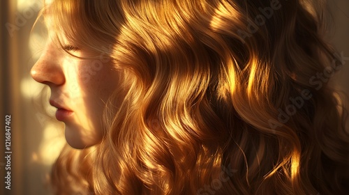 golden hour woman profile long wavy hair sunlight
